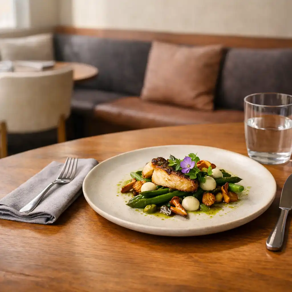 A plated dish, folded linen, glassware and tableware on a warm brasserie table.