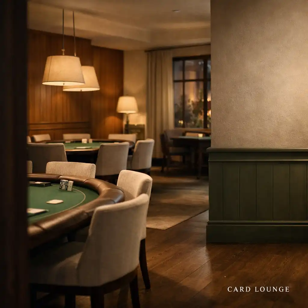 A warm card-lounge interior with upholstered chairs gathered around elegant poker tables.