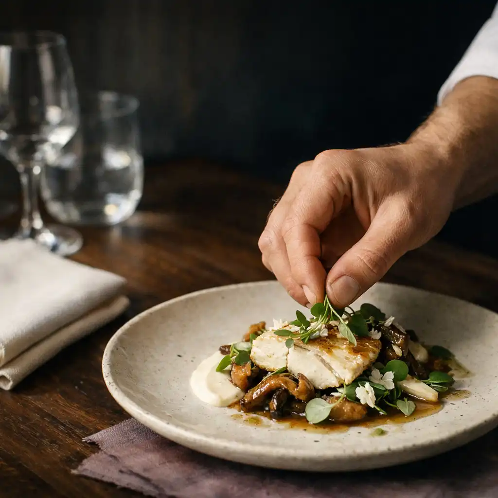 A hand placing a herb garnish on an elegant plated course beside an ivory napkin