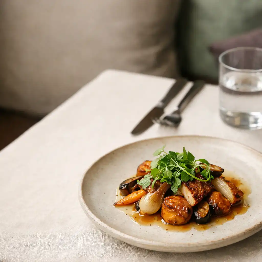 A composed restaurant course on a pale ceramic plate with linen, cutlery and a water glass