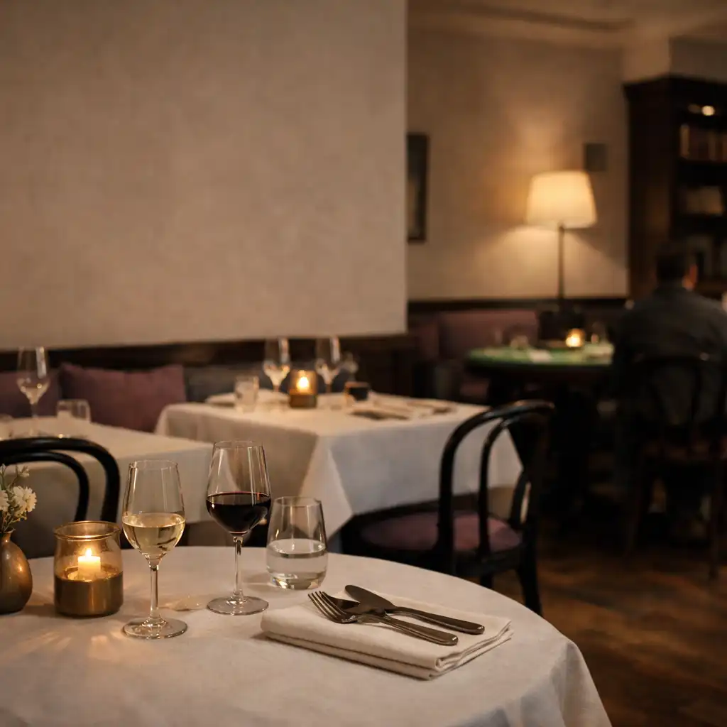 A refined dining room with set tables, pale walls and warm evening light