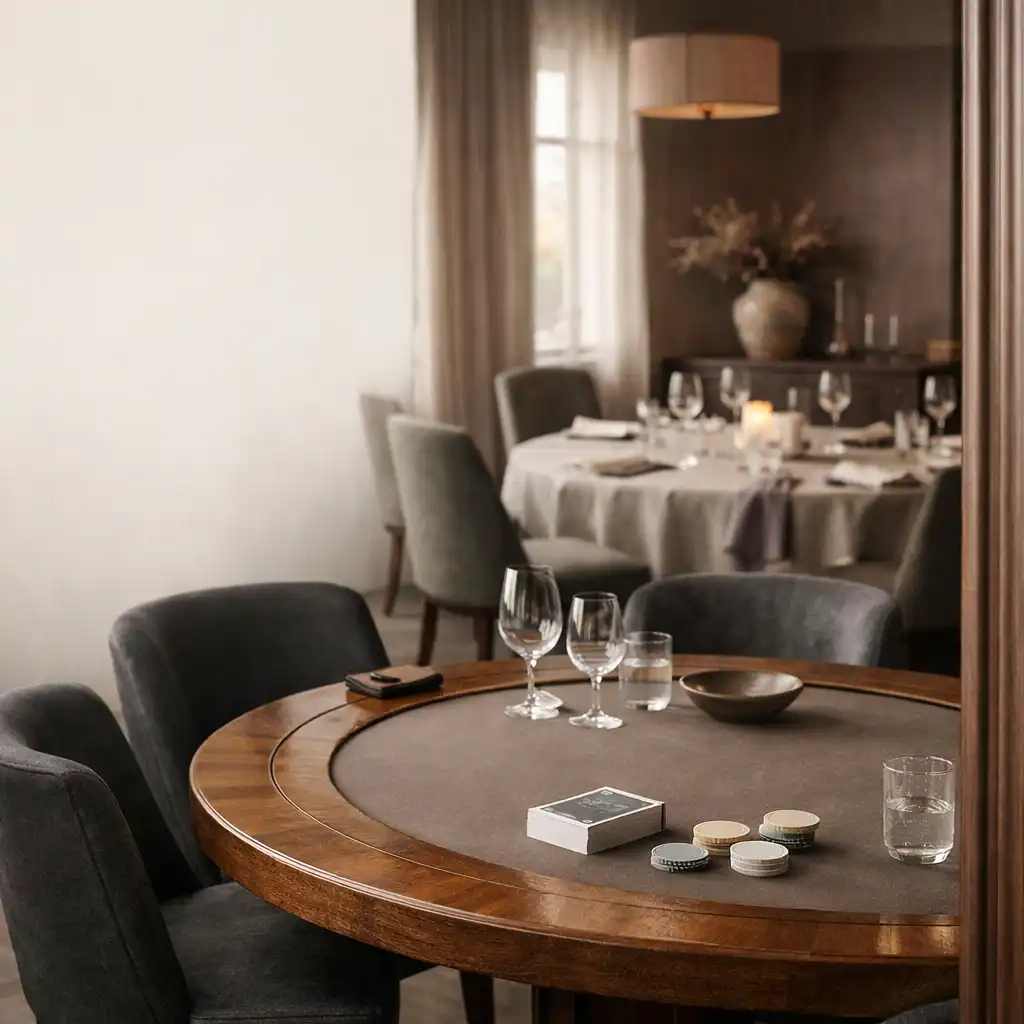 Warm timber poker table and dining setting in the Sable and Pearl card lounge