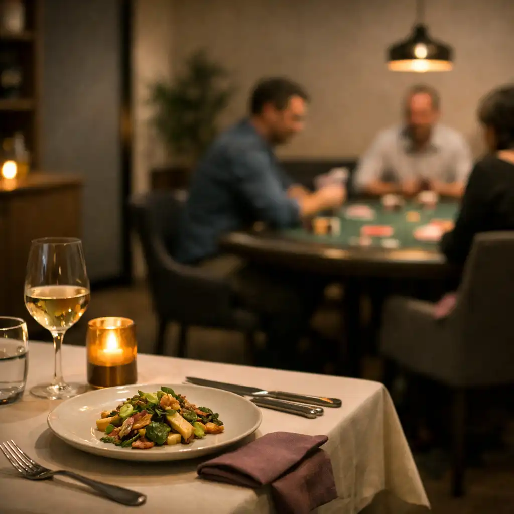 Dining table in the foreground with the card lounge softly visible beyond