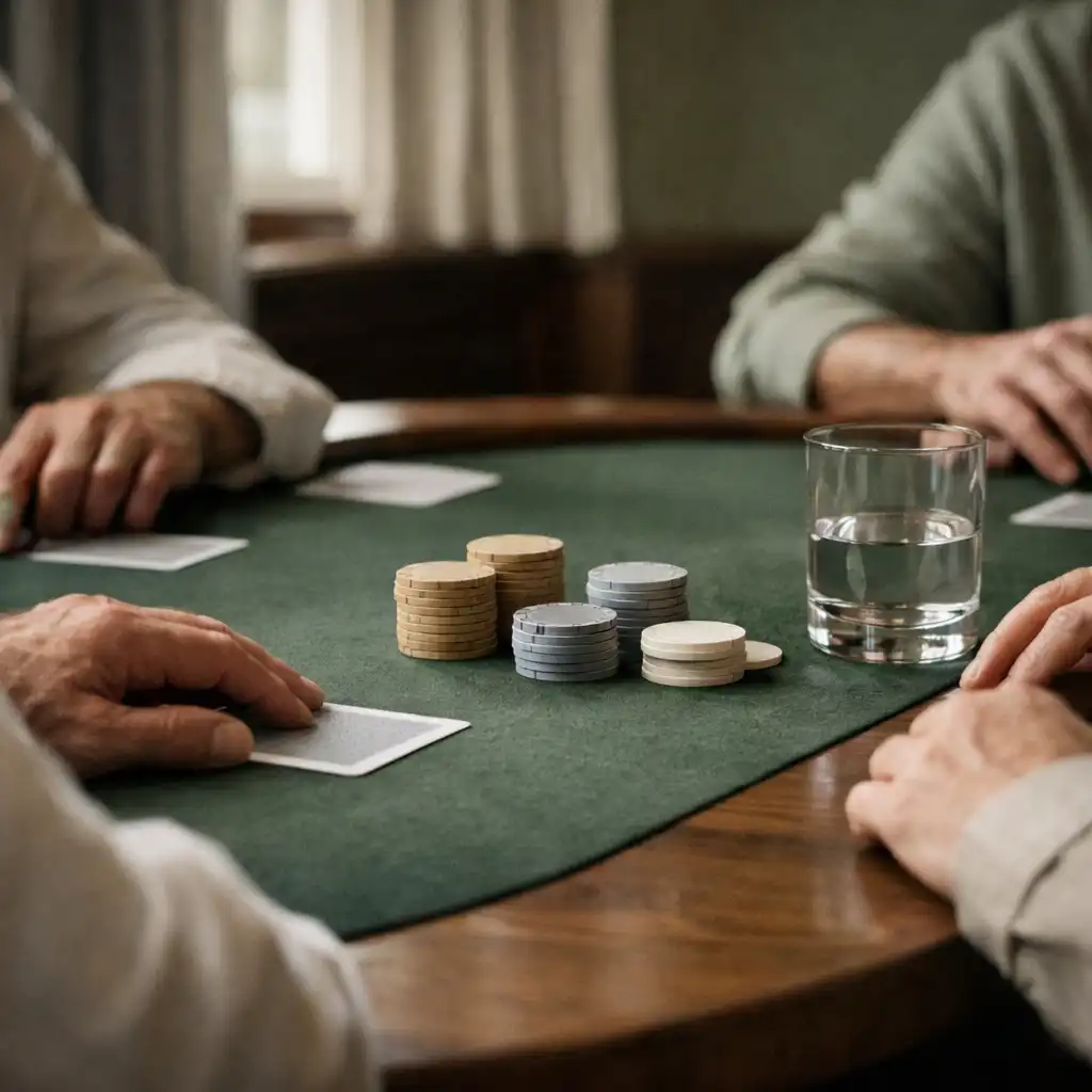 Hands, face-down cards and glassware at a shared poker table