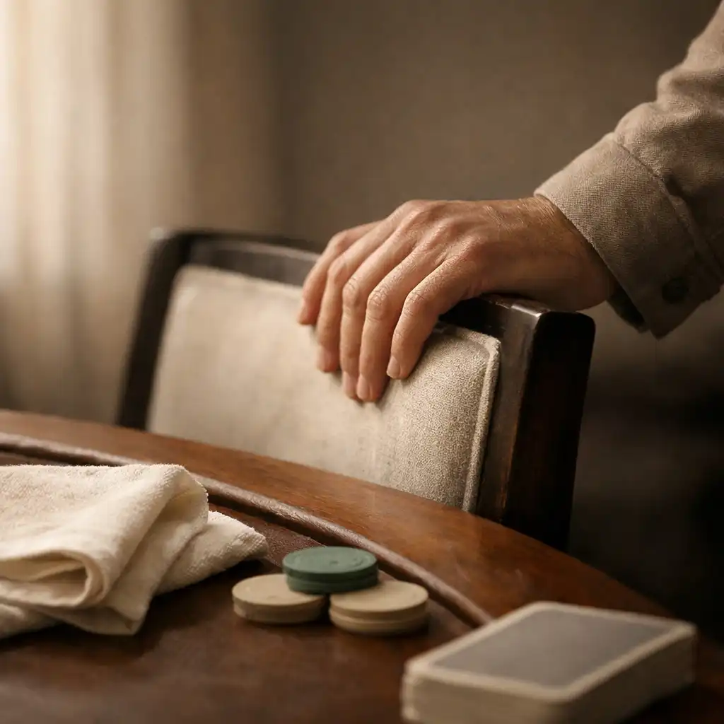Hand returning a chair beside a timber poker table with linen and cards