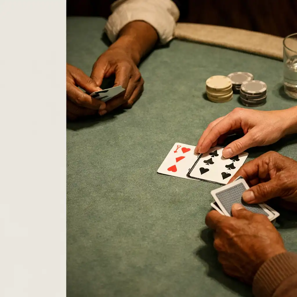 Adult hands arranging physical playing cards at a felt-covered poker table with a water glass and neutral table props.