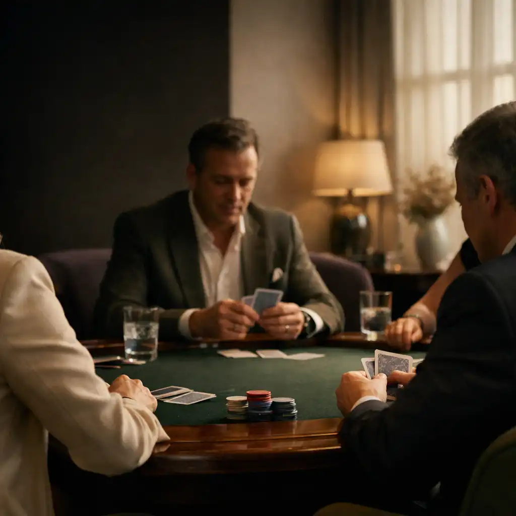 Guests gathered around a timber poker table in Sable and Pearl's card lounge.