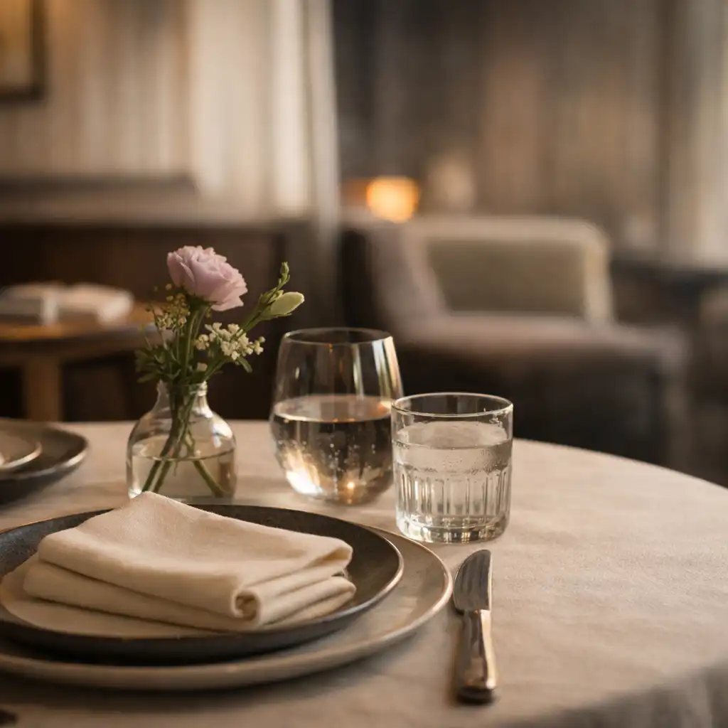 A refined table setting in the brasserie with a card table softly visible in the background.
