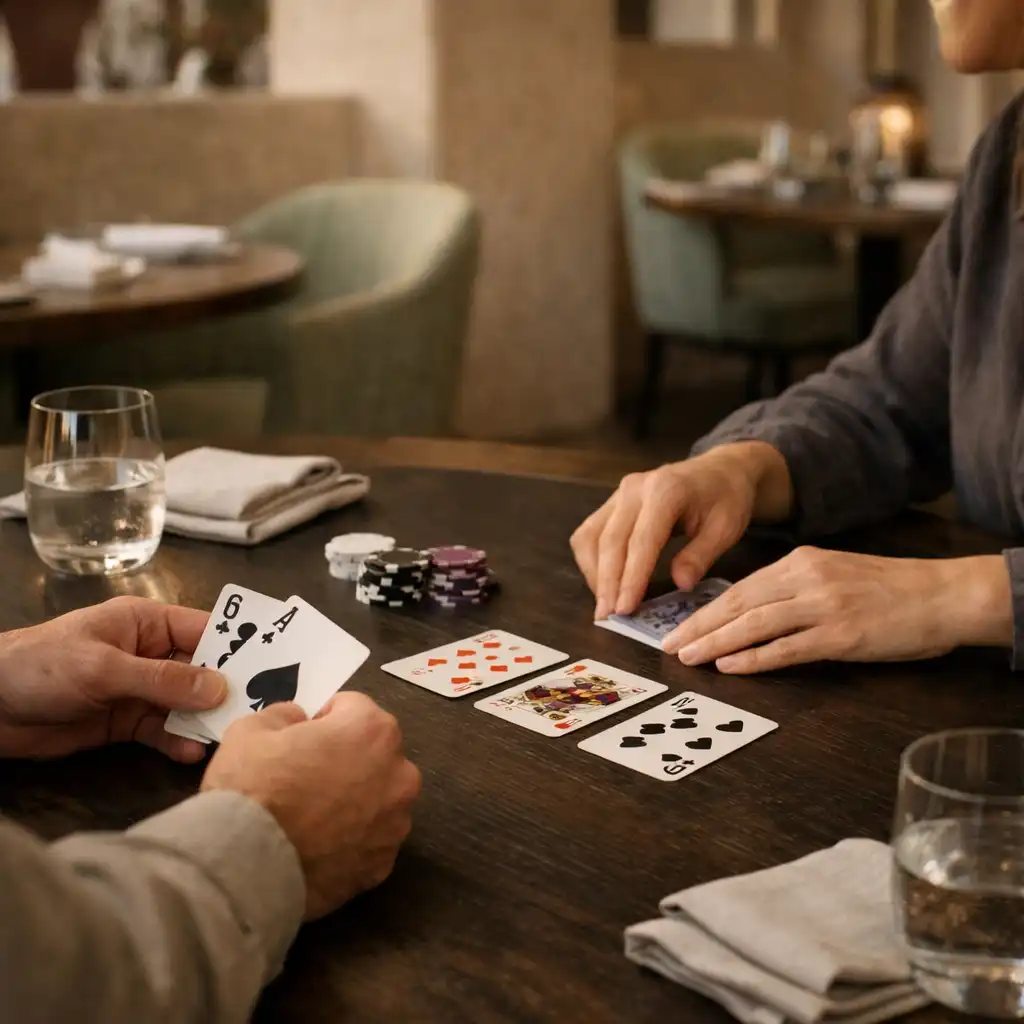 Hands arranging physical cards on a timber table in the softly lit card lounge.