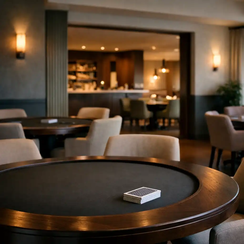 A quiet interior with dark timber card tables and pale clay seating at Sable and Pearl