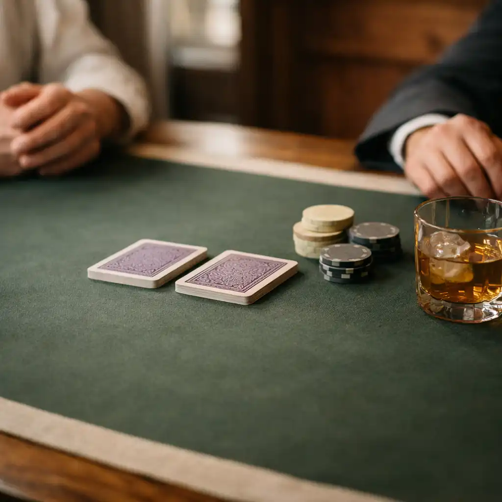 Guests' hands near face-down cards on a deep-sage felt table with linen and glassware at Sable and Pearl.