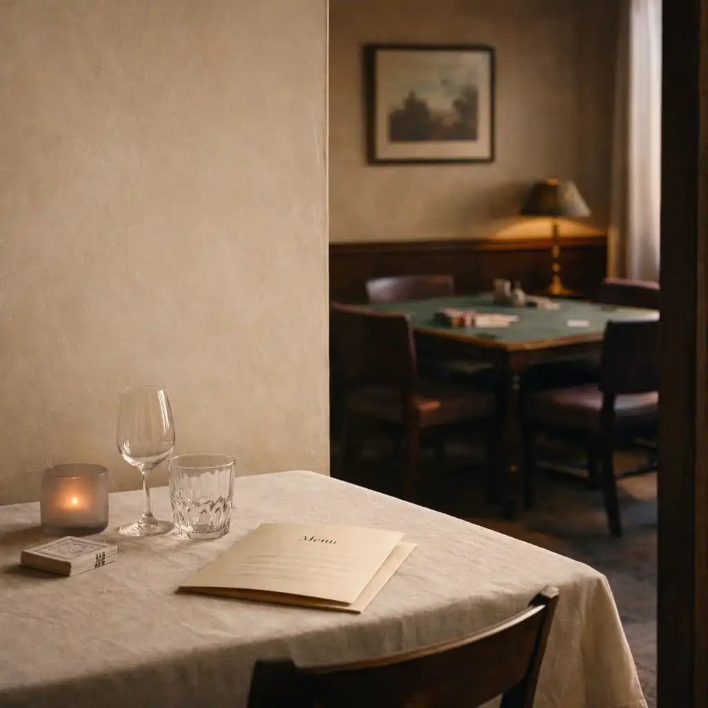 A quiet Sable and Pearl interior with linen dining tables, timber chairs and a card-lounge table beyond.