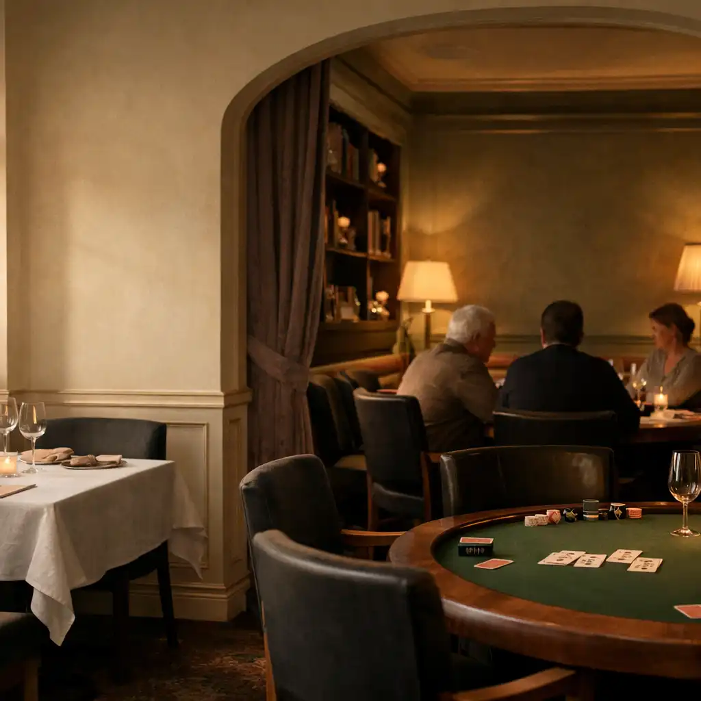 Dining room opening towards the physical card lounge at Sable and Pearl