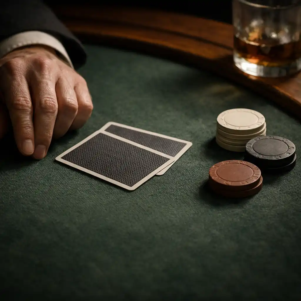 Hand near face-down cards on a physical poker table