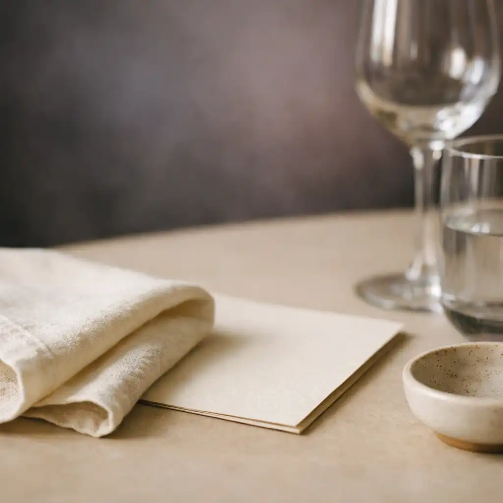 Ivory linen, glassware and ceramic detail on a restaurant table