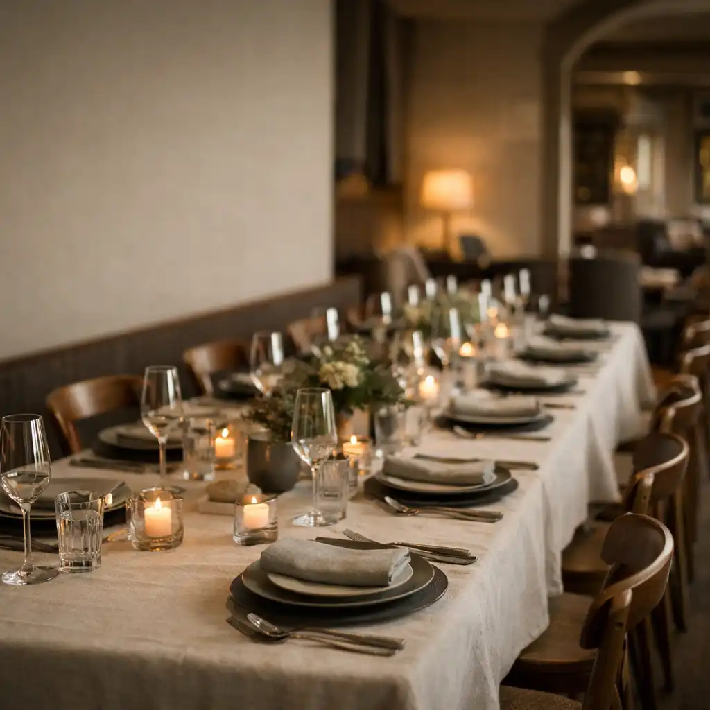 Long table prepared with linen and glassware for a private gathering
