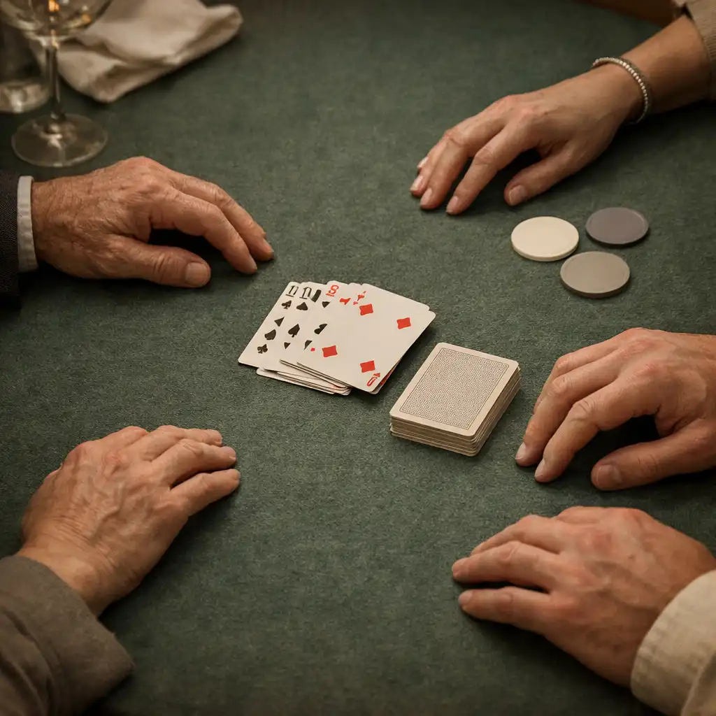 Adult hands resting around physical cards on a dark green table in a restaurant card lounge