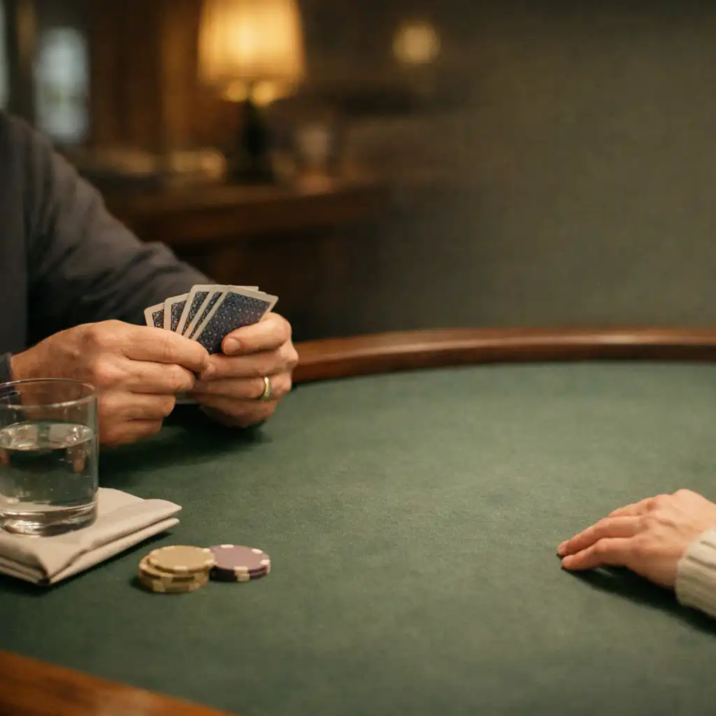 Guests' hands holding cards at a physical poker table with sage felt