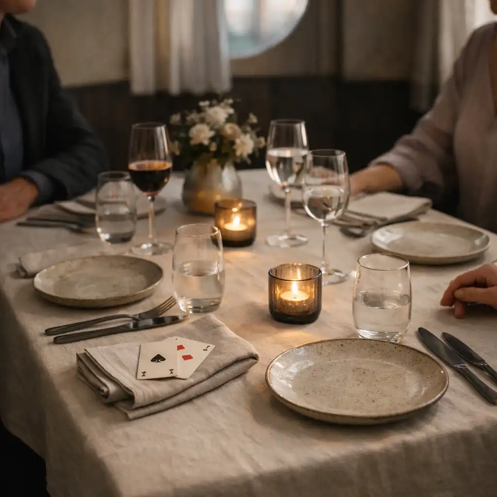 An intimate table setting with linen, glassware and physical playing cards at Sable and Pearl