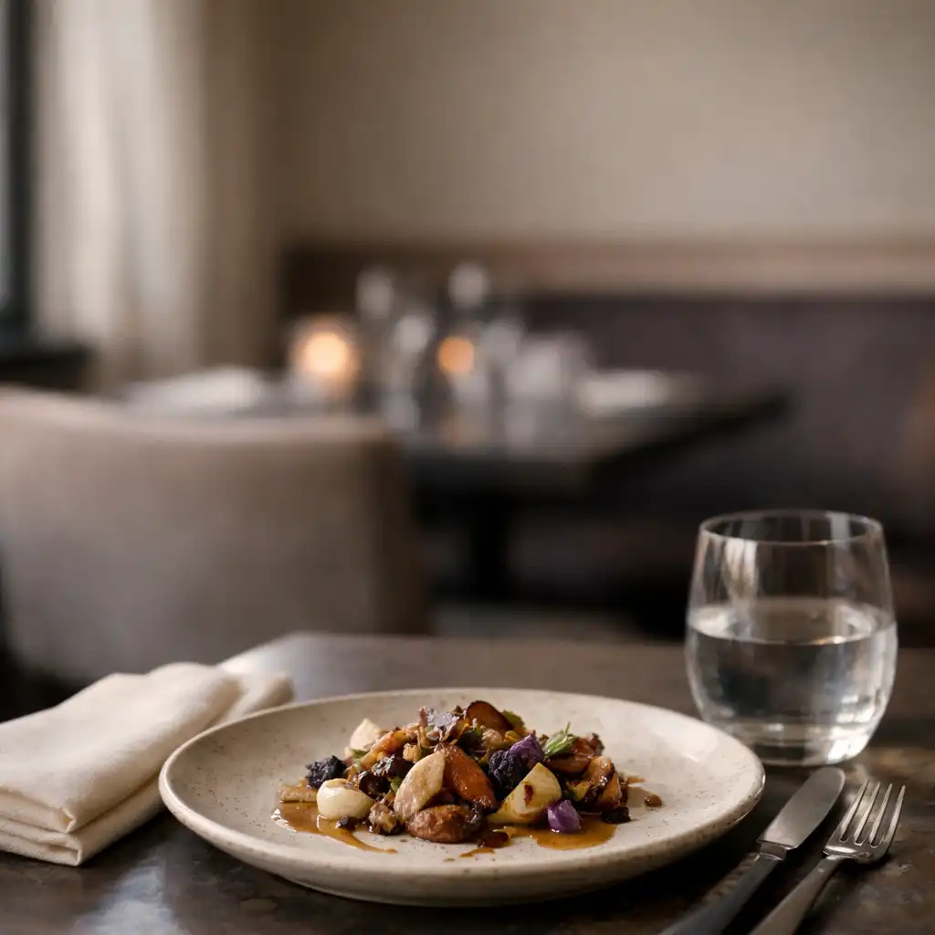Refined table setting with a composed seasonal plate, linen and glassware